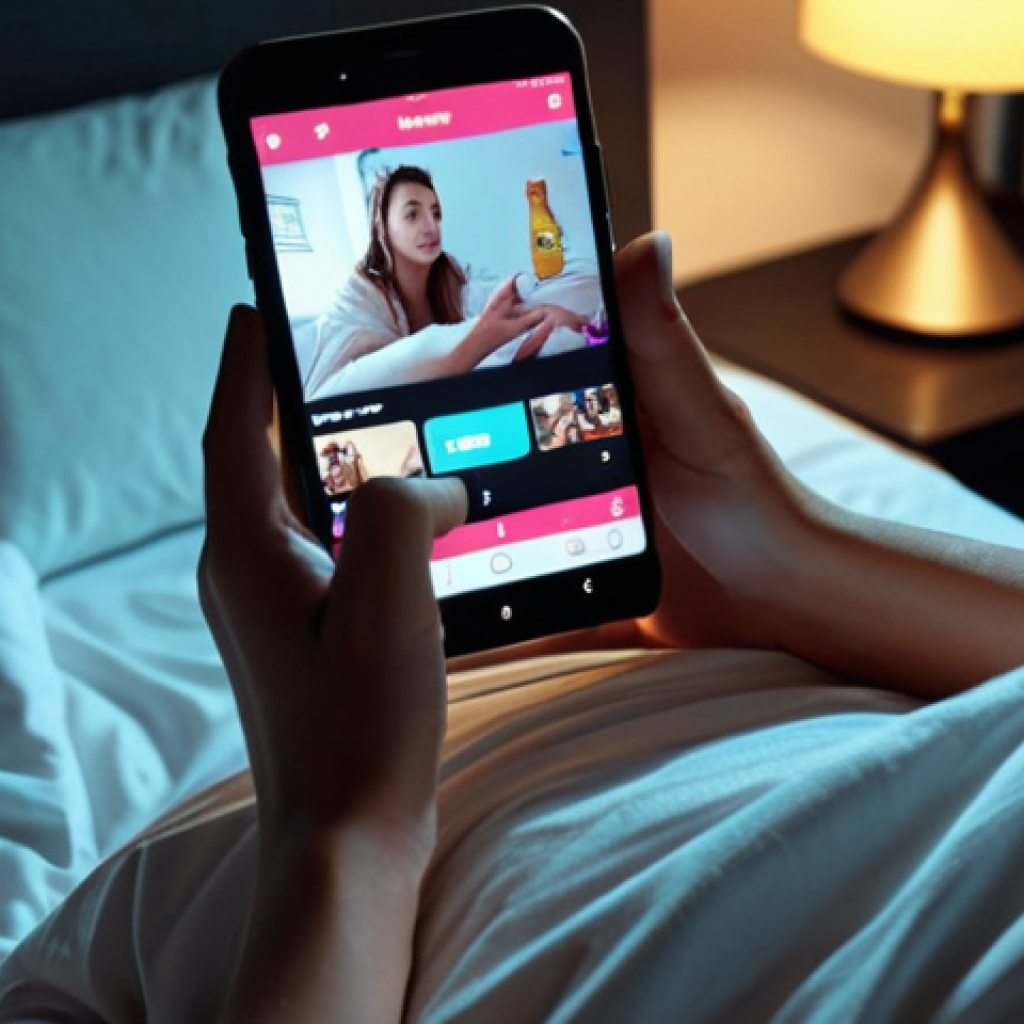 **

A person lying in bed, scrolling through short-form videos (reels or TikTok) on their smartphone. The scene is illuminated by the phone screen, highlighting a variety of engaging and dynamic videos. The overall mood is relaxed but also captivated by the content.

**